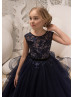 Navy Blue Lace V Back Beaded Floor Length Flower Girl Dress